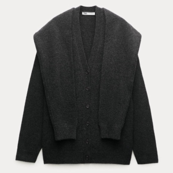 Zara 100% Wool Oversized Preppy Knotted Charcoal Grey Warm Cozy Sweater Cardigan - Picture 4 of 12